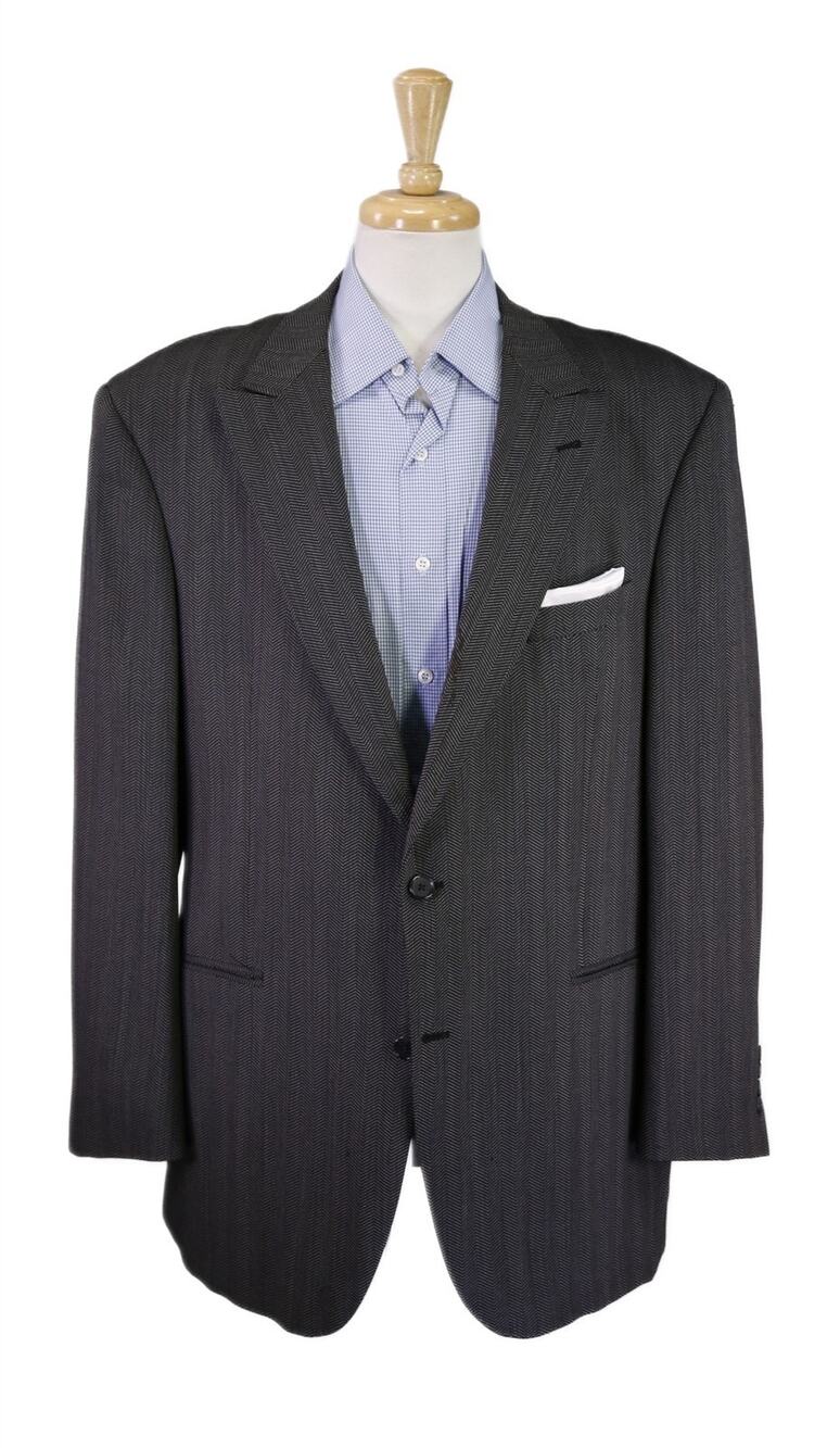 Matte Maas Black Herringbone Peak Lapel Wool 2-Btn Sportcoat Blazer 46L